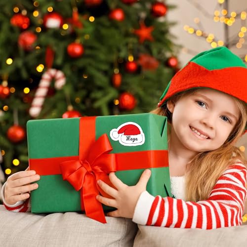 Image of Personalized Christmas Stickers, Custom Name Waterproof Christmas Gift Tags for Gift Box Holiday Decorations, Stockings, Party Favors (Cute Santa Hat)