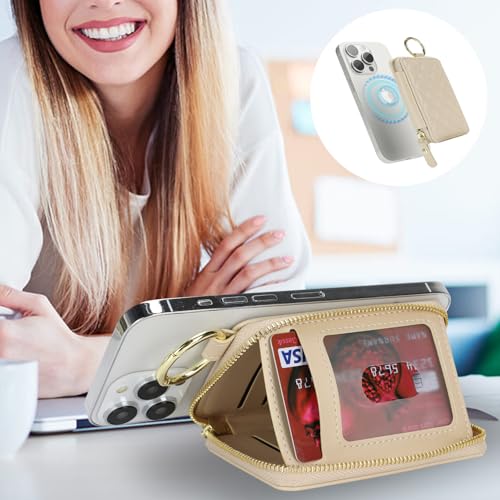 Image of Compatible with MagSafe Wallet,Magnetic Phone Wallet Card Holder for iPhone 17 /16 Pro Max /15 Pro /14 Plus /13 /12 Series,PU Leather Zipper Pocket Adjustable Stand-Beige