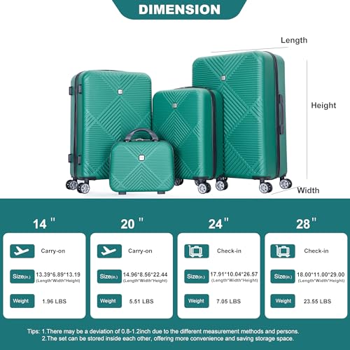 4-Piece ABS Lightweight Luggage Set with 14-inch Makeup Box, Spinner Wheels (14/20/24/28 inches) - Dark Green4