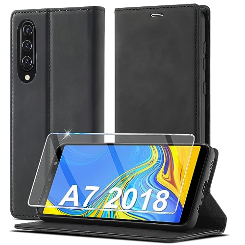 Samsung Galaxy A7 2018 Lederhülle mit Schutzfolie - Klappbare Flip Wallet Hülle mit Stoßschutz & Holsterfunktion