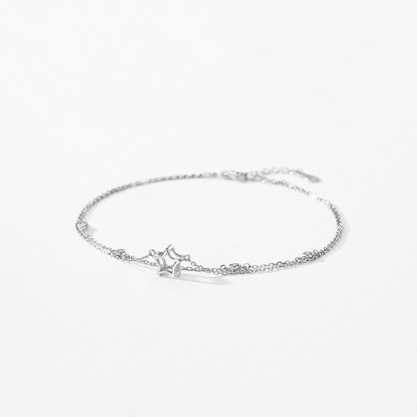 Bracciale Oro Bianco 9 Kt / 14 Kt / 18 Kt Donna, Catena Doppio Strato con Stella Cava, Regolabile 16 CM + 5 CM, Braccialetto Catena Argento Donna
