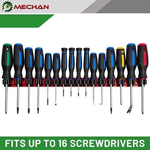 Mechan Magnetic Screwdriver Organizer Tool Holder Tray Rack, With Ultra Strong Neodymium Magnet Strip + Replacement Clips – Holds Screwdrivers, Drill Bits, Nail Sets,(Red Rail/Black Clips)