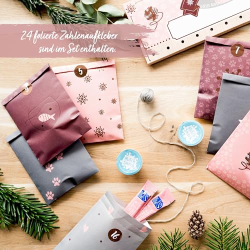 Papierdrachen Katzen Adventskalender 2025 - Papiertüten zum Befüllen - in 4 Designs - mit Stickern - DIY-Geschenkidee - Haustier - inkl. Aufhängung