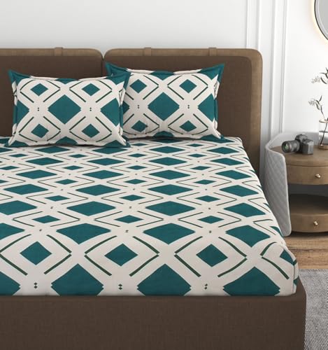 Image of VOMZER 300 TC Cotton Feel All Around Elastic Fitted Queen Size Printed Bedsheets, Supersoft Elastic Fitted Double Bedsheet with 2 Pillow Covers, Size 60x78x8 Inches White