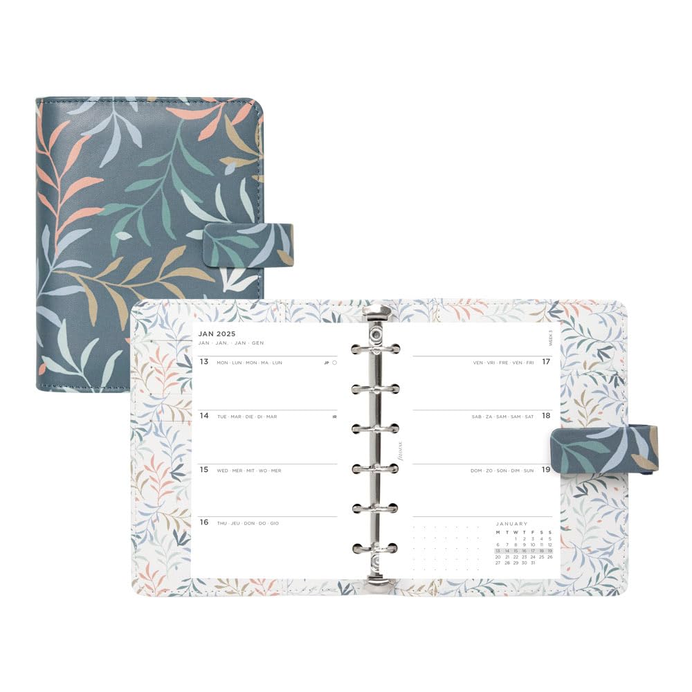 Filofax Botanical Organizer, Taschenformat, blau - glatt, Lederoptik, Sechs Ringe, Wochenansicht, Kalender Terminplaner, mehrsprachig, 2025 (C022644-25)