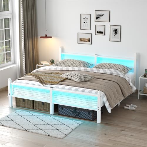 CollaredEagle King Bed Frame with Charging Station and LED Lights, Metal Platform Bed Frame with Non-Slip Mattress Gaskets, No Box Spring Needed, Easy Assembly White
