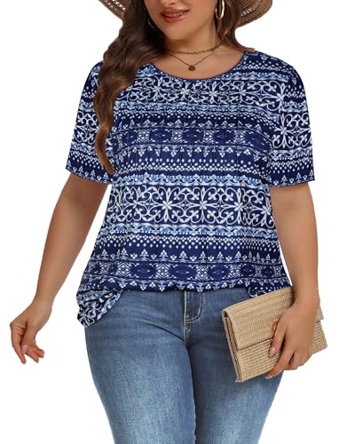 Image of Plus Size Tops for Women Pleated Summer Top Trendy Short Sleeve Shirts Casual Basic Tee Crew Neck Blouses 2026