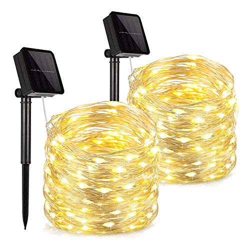 Homemory Solar Outdoor Fairy Lights, 2 Pack 66ft 200 LEDs Waterproof String Lights, Super Brighter Christmas Copper Lights, Indoor Twinkle Lights for Patio, Yard, Garden Decor, Warm White