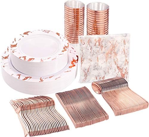 Nervure 175PCS Rose Gold Plastic Plates - Disposable White and Rose Gold Marbling Plates: 25Dinner Plates, 25Dessert Plates, 25Forks, 25Knives, 25Spoons, 25Cups, 25 Napkins for Wedding&Party
