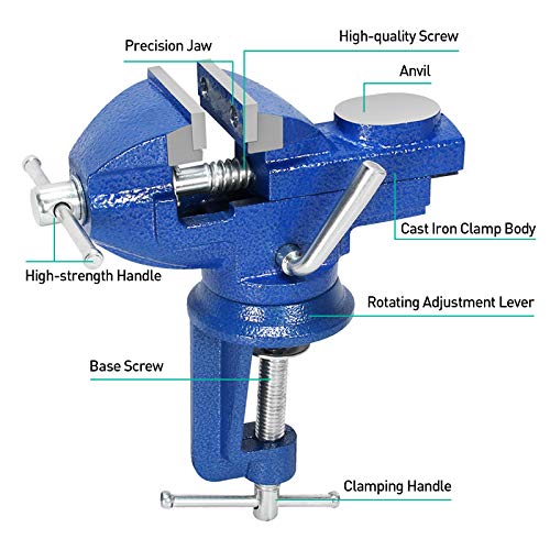 Universal 3 Inch Table Vise, 360° Rotating Swivel Base Bench Vise Heavy Duty Woodworking Clamps Home Vise Clamp-On Vise Movable Work Bench Vise For Woodworking, Blue