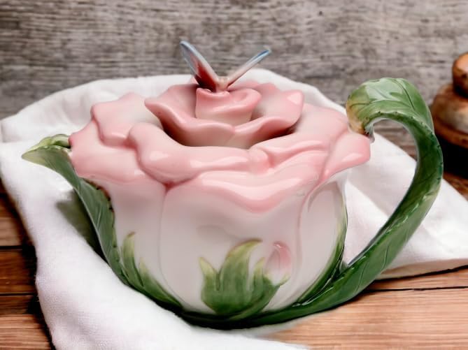 Miniatura 4 de Tetera de porcelana rosa rosa con mariposa en la parte superior de la tapa, 7 78" L