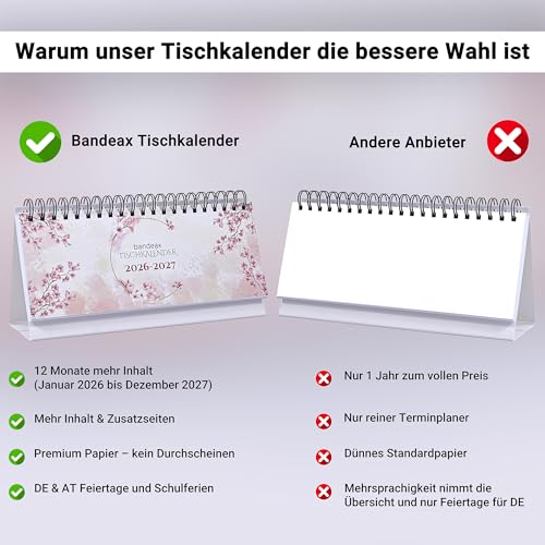 Tischkalender Jan 2026 – Dez 2027 (29x11cm) groß quer, Wochenkalender zum Aufstellen, Schreibtisch-Kalender Wochen-Planer Stehkalender (Kirschblüten 2026-2027, Panorama Querformat (29x11cm))