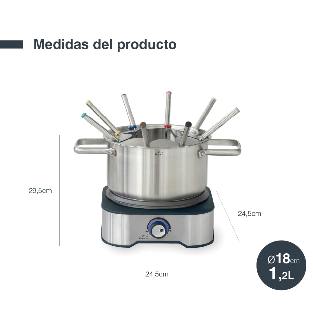 Lacor - 69399 - Fondue Eléctrica, Fundir Queso y Chocolate, con 8 Tenedores, Olla Desmontable, Fondo Termodifusor, Termostato Regulable, Acero Inoxidable, 1500W