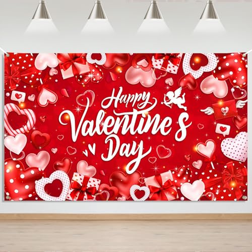 Mocsicka Happy Valentines Day Banner Backdrop Romantic Hearts Love Cupid Valentines Day Party Banner Decorations Sweet Couple Red Love Photography Backgrounds (6x3.6ft)