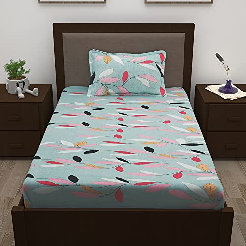 Image of Story@Home 210 TC Spark Collection Single Bedsheet Cotton Combo with 1 Pillow Covers | Grey & Blue | Floral (Bedsheet : 145 X 225 cm & Pillow Cover : 40 X 60 cm)