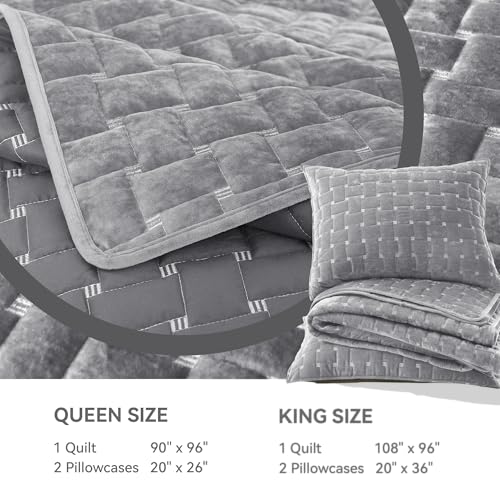 Image of Grassix Velvet Quilt Set King Size, Luxury Geometric Design, Dark Grey | Lightweight Velvet Comforter with 2 Pillow Shams, Soft Bedspread Coverlet, Quilted Bedding Set for All Seasons, 108 inchx96 inch