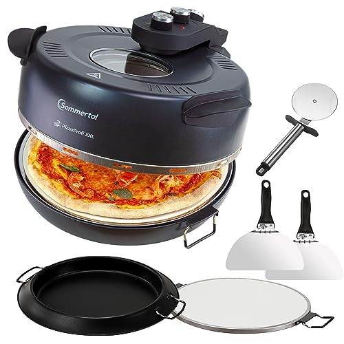 Sommertal PizzaProfi XXL Pizzaofen mit 39cm Steinplatte – Pizza Ofen elektrisch, schnelle 3-Minuten Pizza, bis 380°C – 5-teiliges Set mit Pfanneneinsatz, 2x Pizzaschieber, Schneider, Pizzastein