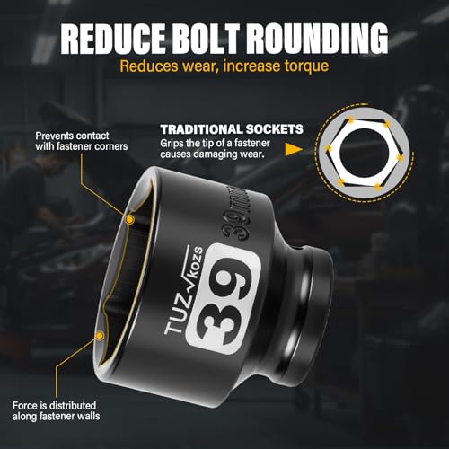 Image of 1 /2 Inch Drive 39mm Shallow Metric Impact Socket,CR-MO,6 Point Radius Corner Design,Square Chamfered Opening,Axle Nut Impact Grade Socket for Easy Removal