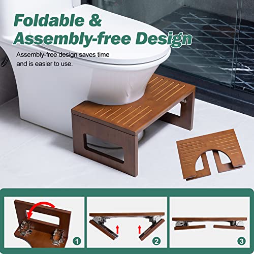 Forevich Bamboo Squatting Toilet Stool 7.5 Inch For Adults Children Foldable Potty Poop Stool For Bathroom With Non-Slip Mat Chestnut Brown #TOP5
