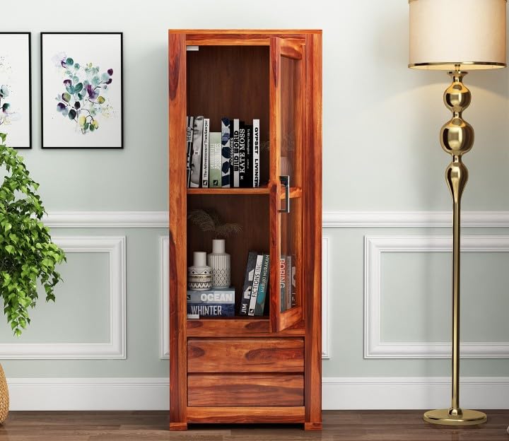 SHEESHAM Wood Multipurpose Kitchen Crockery Cabinet Display Rack with 1 Door and 2 Drawers for Living Room | Solid Wood Bookcase for Home Office Furniture (Honey)-image-33