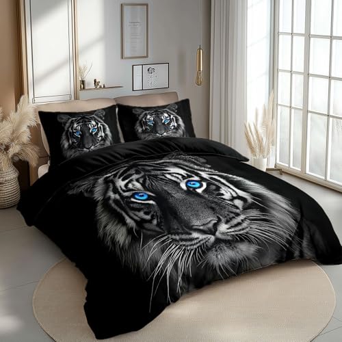 Reversible Bedding Set Duvet Cover Set Cot-bed for Kids Toddler- Bengal Tiger Printed Quilted Comforter Cover with 1 Pillowcases, Black, Microfiber, Zipper Closure, 2 Pieces