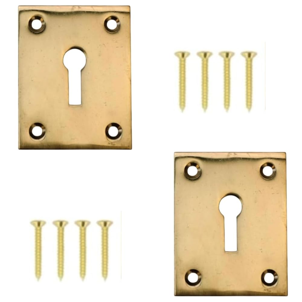 Escutcheon Keyhole Cover Solid Brass 43mm x 56mm Keyhole Cover Plate Covered Escutcheon with Polished Brass Finish for Door Lock Protection Pack of 2