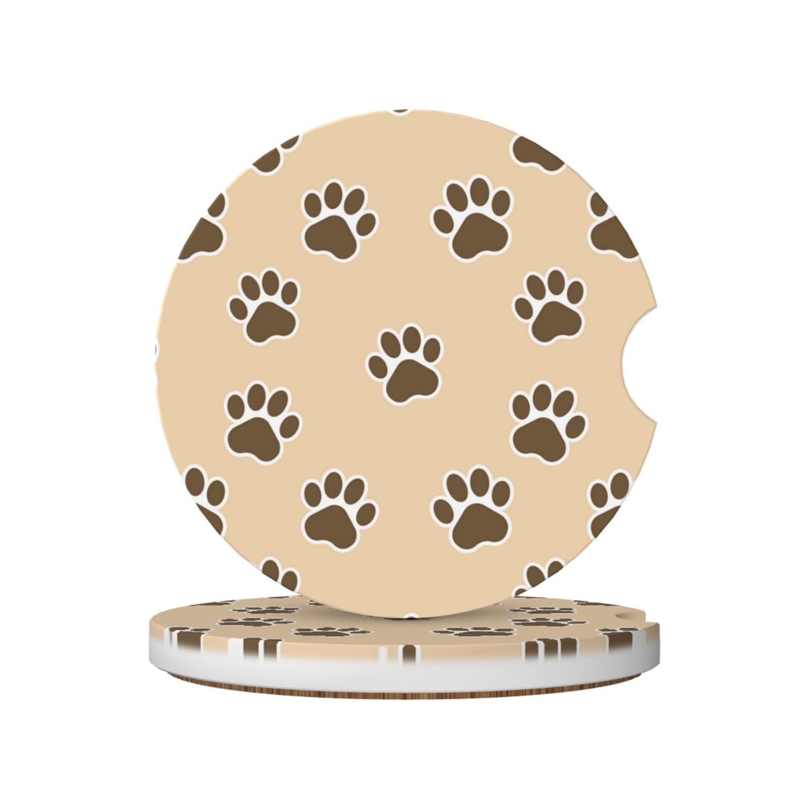 Animals Dog Cat Footprints Paw Prints, Car Cup Holder Coasters 2 Pack, Absorbent Ceramic Car Coasters with Non Slip Cork Base
