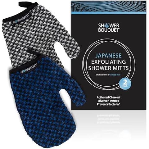 Japanese Exfoliating Mitt 2-Pack - Charcoal & Silver Ion Exfoliating Gloves for Shower - Soft Inner Fabric Gentle Exfoliation & Deep Cleansing Body Scrub Gloves for All Skin Types - 1 White, 1 Blue Cover