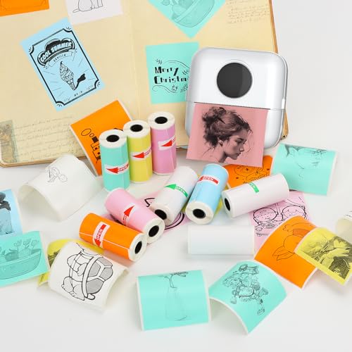 Image of HuiJuKeJi 9 Rolls Mini Printer Sticker Paper,Thermal Self-Adhesive Paper 57 * 25mm,3 Rolls of White &6 Rolls of Colour Paper for Pocket Inkless Portable Bluetooth Printer to Print Photo,Note