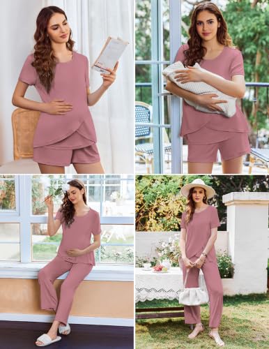 Image of Ekouaer 3 PCS Maternity Nursing Pajamas Set Postpartum Breastfeeding PJS | 3-Piece Set, Including Short Sleeve Shirts, Pregnancy Shorts & Pants, Buttery Soft, Skin-Friendly Feel