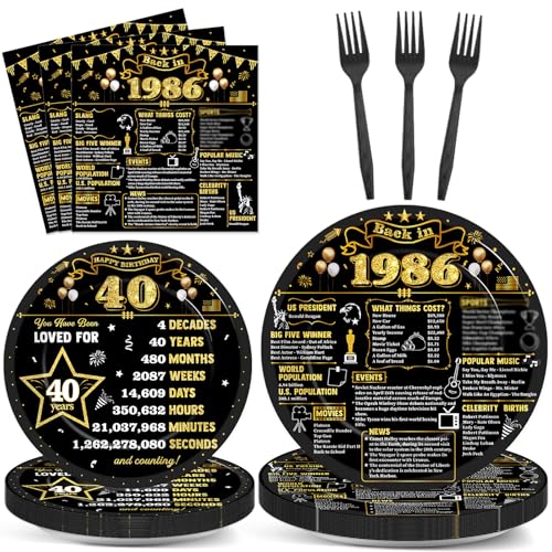 96Pcs 40th Birthday Plates and Napkins Back in 1986 Party Decorations Black Gold 40 Year Old Party Dessert Plates 1986 Birthday Tableware for 24 Guests 40th Theme Men Woman Bday Parties Supplies