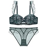 Push Up BH Set,Damen Bügel BH Set Spitze BH und Slip Nicht Abnehmbarer Bra Panty Lingerie Unterwäsche mit Hakenverschluss und Verstellbare Träger,Grün,85C