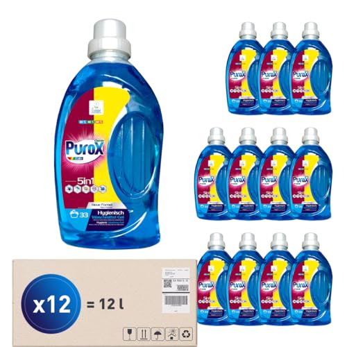 PUROX COLOR Detergente Lavadora Líquido Gel (33 Lavados x12) – para ropa de color, elimina manchas, totalmente enjuagable, ecológico, protección antical, 1 L Multipack 12 Unidades