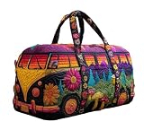 Hippie Journey Quilted Duffel Bag Vintage Floral Hippie Van Travel Duffle Bag Boho Travel Weekender Bags Overnight Luggage Bag Gym Tote (Style 9, Large (18' L x 9' W x 9' H))