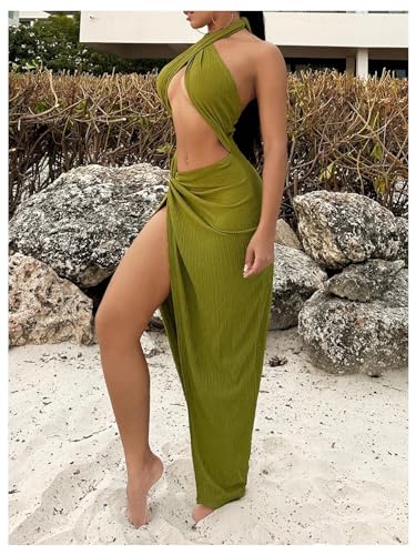 Women's Twist Front Sleeveless Halter Tie Long Dress Split Thigh Backless Cut Out Cami Dresses Sexy Dress3