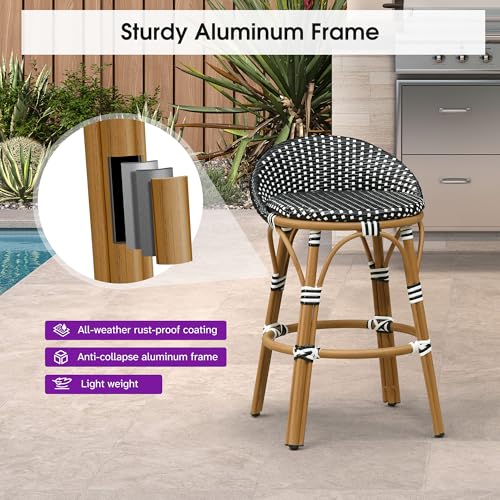 Image of PURPLE LEAF Patio Oversized Backrest Counter Height Stool Set of 1 Outdoor Round Barstools Aluminum Frame in Bamboo Finish Woven Rattan for Indoor Kitchen Dining Bistros Cafe Restaurant Black