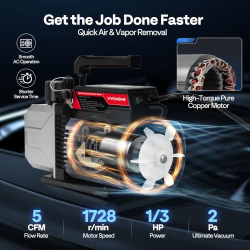 Image of VIVOHOME 1 /3 HP 5CFM 1 Stage AC Vacuum Pump and 4 Way AC Manifold Gauge Set | 110V HVAC Vacuum Pump Kit, Leak Detector, 5ft Hoses, for R134a R410a R12 R22 R502 Air Conditioning Refrigeration Recharging