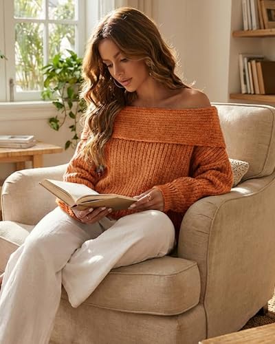 Image of Womens Off The Shoulder Sweater Fall Knitted Pullover Tops | Oversized Long Sleeve Loose Ribbed Knit Clothes, Sexy Elegant Going Out Tops, Cute Baggy Winter Outfits