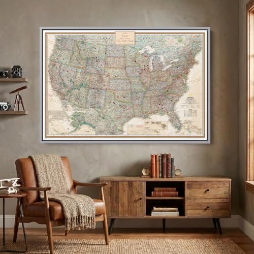 Image of Executive United States Map with Pins - Detailed National Geographic USA Canvas Travel Tracker - Extra Large Framed Wall Art - Silver Float Frame - 34 inch x 51 inch