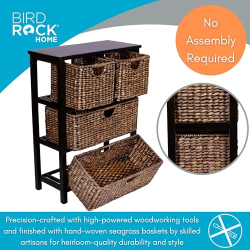 BIRDROCK Home Seagrass Cubby Dresser | 4 Drawer Bins | Decorative Wood Storage Cubbies Shelf Organizer | Industrial Furniture Chest Basket | Espresso