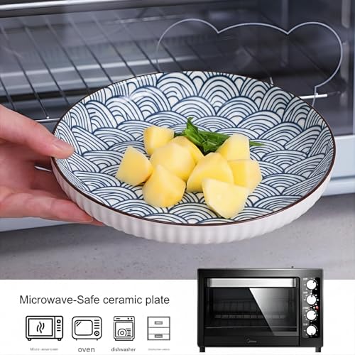 Image of Japanese Style 8-Inch Ceramic Round Dinner Plate - Microwave & Dishwasher Safe, 20.4x4.3cm Porcelain Dish for Seafood, Appetizers & Snacks, Waves (1 Piece)
