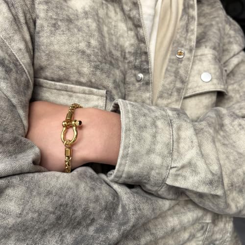 SU LIFE Chunky Charm Bracelet Stainless Steel Foxtail Wheat Chain Bracelet Heavy Screw Anchor Shackle Horseshoe Bracelets (Gold), Medium by SU LIFE - Image 2