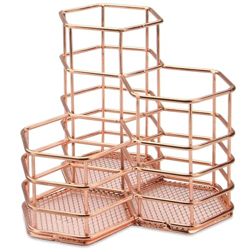 Image of Metal Desk Organizer Pen Stand for Office Desk, Multipurpose Stationery Holder with 3 Compartments for Pens, Makeup Brushes & Accessories (Rose Gold)