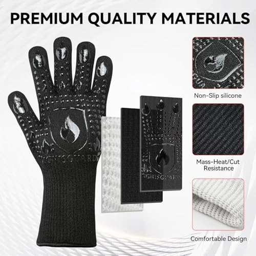 Image of BBQ & Grill Gloves, Oven Gloves, 1472F Silicone Oven Mitts Heat Resistant Grilling Gloves Fireproof Non-Slip for Barbecue Cooking Baking Smoking, 1-Pair Black(M)