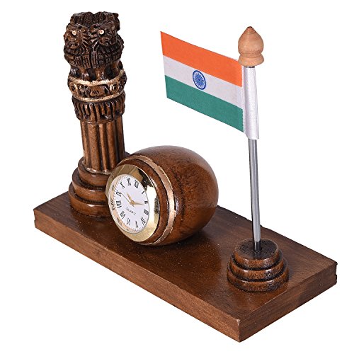 Image of Craft Trade Round Wooden Table Clock with Ashok Stambha Pillar and National Flag