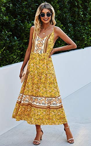 Image of Angashion Women's Dresses Floral Adjustable Spaghetti Strap V Neck Boho Long Maxi Dress Summer Beach Flowy Ethnic Sundress