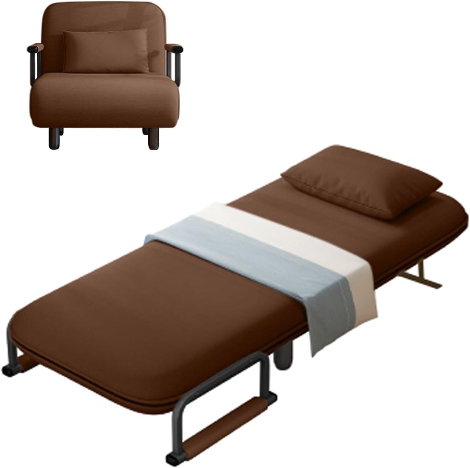 TIST Lightweight Folding Bed Adult Folding Bed with Mattress, Metal Frame Adjustable Reclining Sofa Bed, Home Guest Room Bed Camping Folding Bed(Brown,Width 100cm)