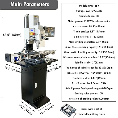 INTBUYING Mini Milling Drilling Machine Vertical R8 Mill Drill Machine Precision Drill Mill 50-2250rpm DRO,with Grating Ruler, Axis X Power Feed, Accessory R8 Tapper Package for Metal Wood Plastic - Image 2