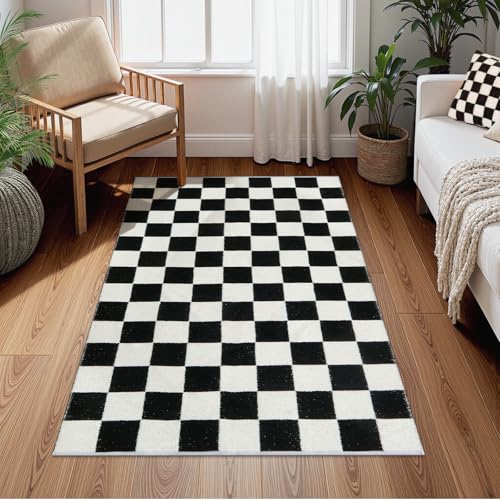 Lahome 3x5 Small Checkered Race Car Rug for Bedroom, Cotton Woven Black and White Checker Area Rug for Classroom Nursery Dorm, Soft Low Pile Checkerboard Carpet for Playroom Bathroom Kids Room