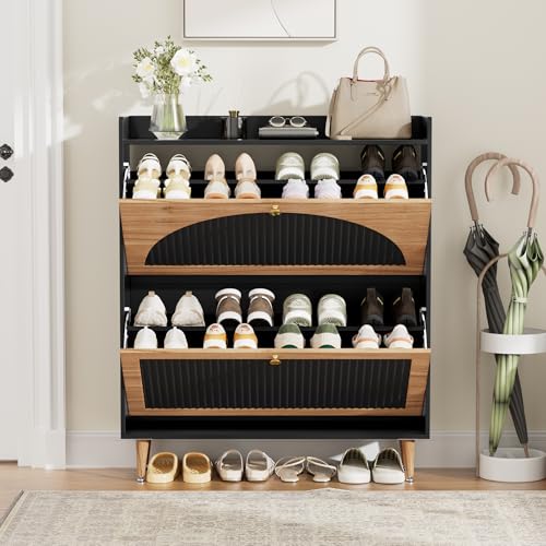 Image of Shoe Storage Cabinet with 2 Flip Drawers, Shoe Organizer Storage with Adjustable Shelves, Freestanding Hidden Slim Narrow Shoe Rack Cabinet for Entryway, Foyer, Hallway, Living Room